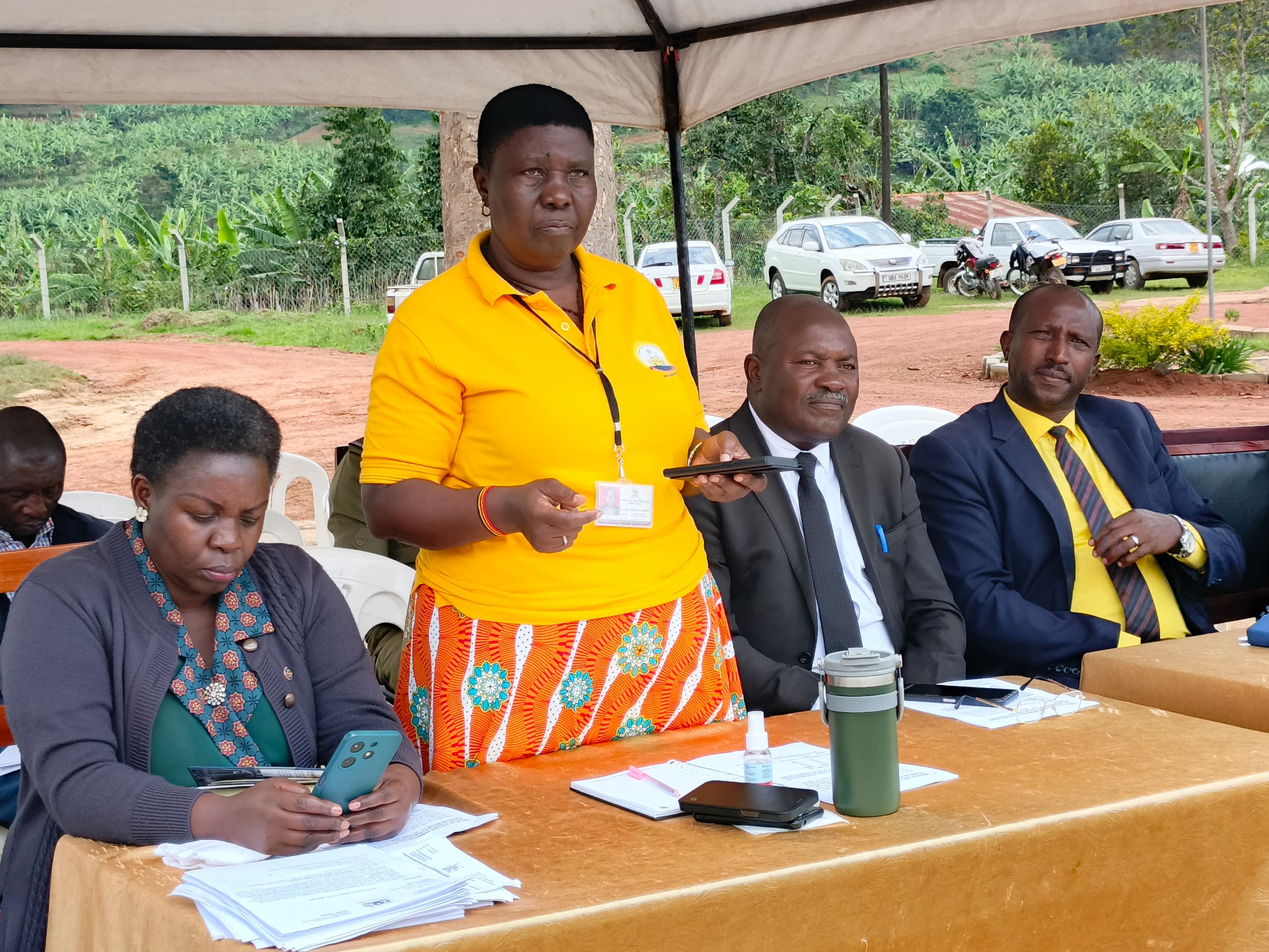 Maj. Martha Asiimwe, Head RDC Secretariat/ACU, Office of the President  addressing Rukiga District leaders on emphasizing collaboration for effective service delivery during the mobilization Baraza. 11th October 2024