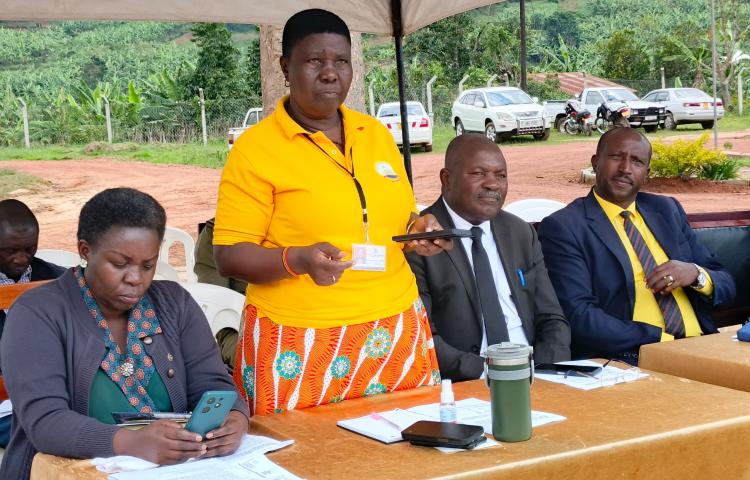 Maj. Martha Asiimwe, Head RDC Secretariat/ACU, Office of the President  addressing Rukiga District leaders on emphasizing collaboration for effective service delivery during the mobilization Baraza. 11th October 2024